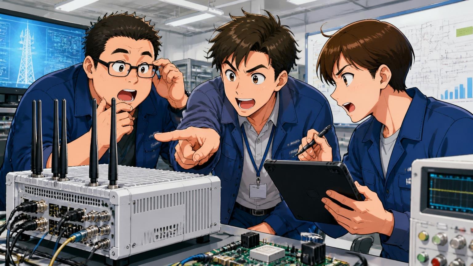 通信キャリアの開発拠点で最新の5G関連機器を前に技術ディスカッションする組込みエンジニア3名