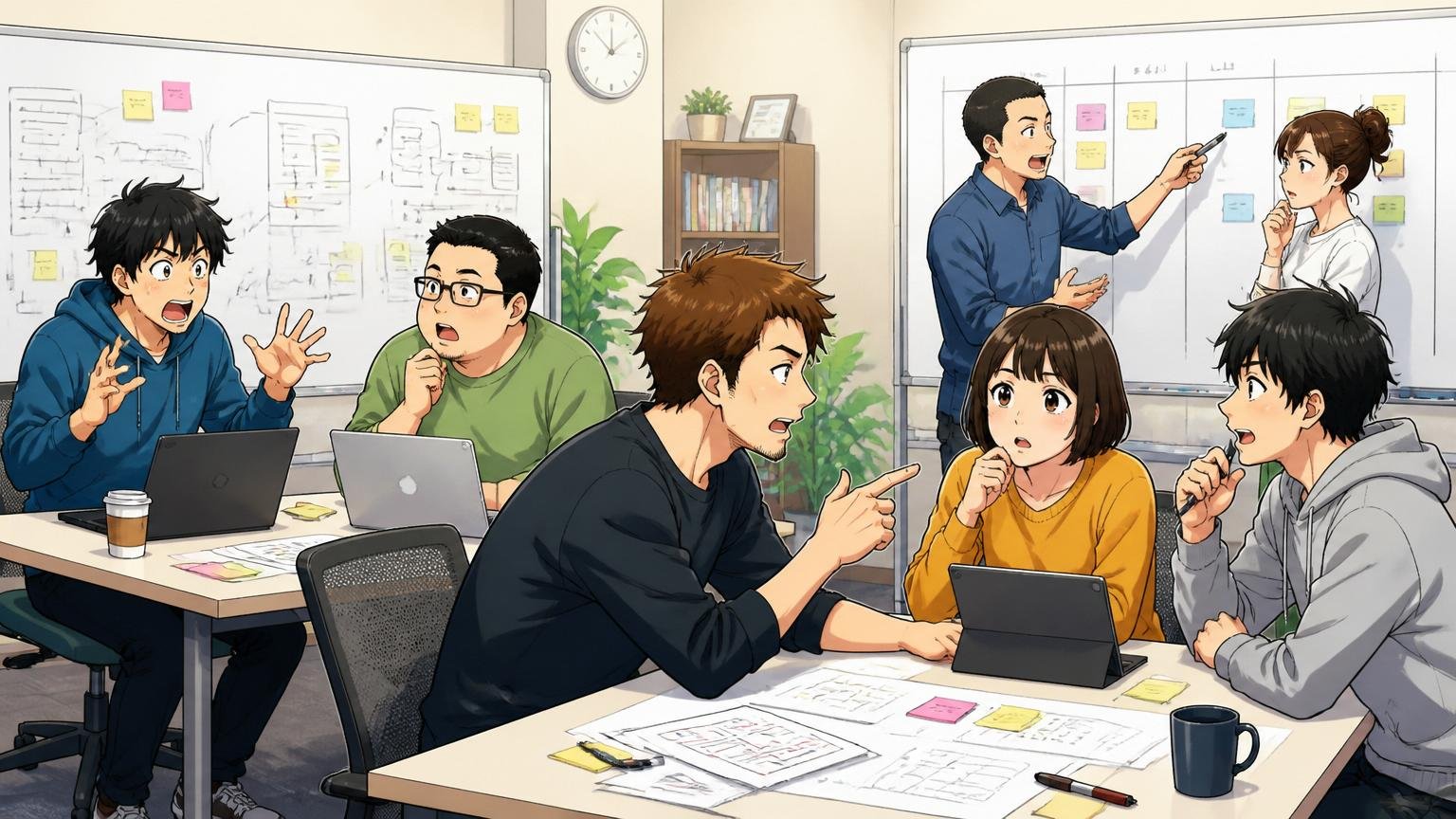 Web系企業の会議室で職種別チーム3つに分かれたエンジニア5人が異なる雰囲気で会議する場面