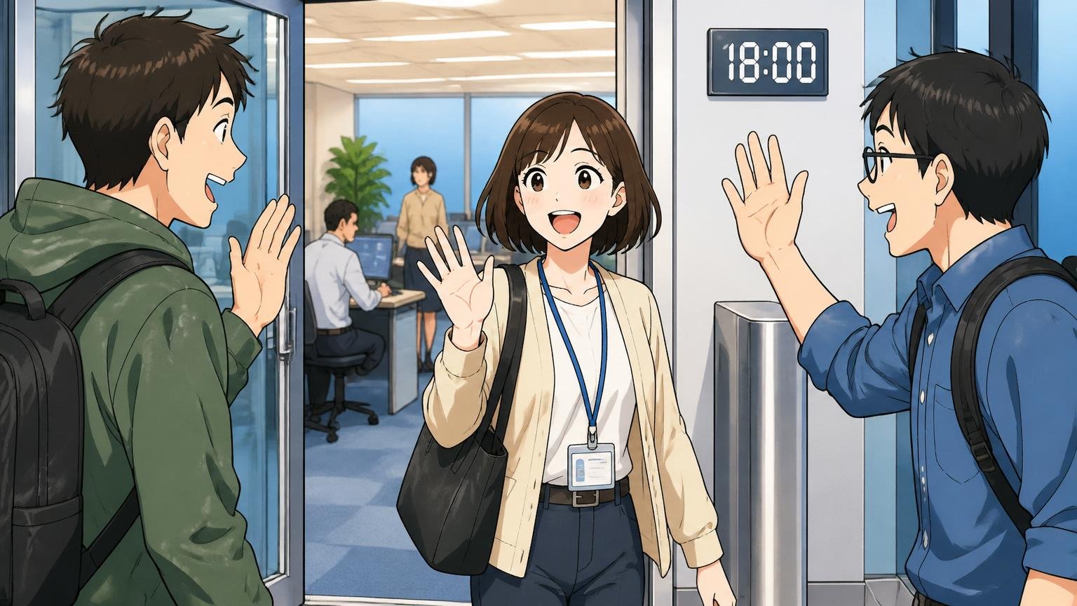IT企業のオフィス出口で18時に退勤する笑顔の女性エンジニアと挨拶を交わす男性エンジニア2人