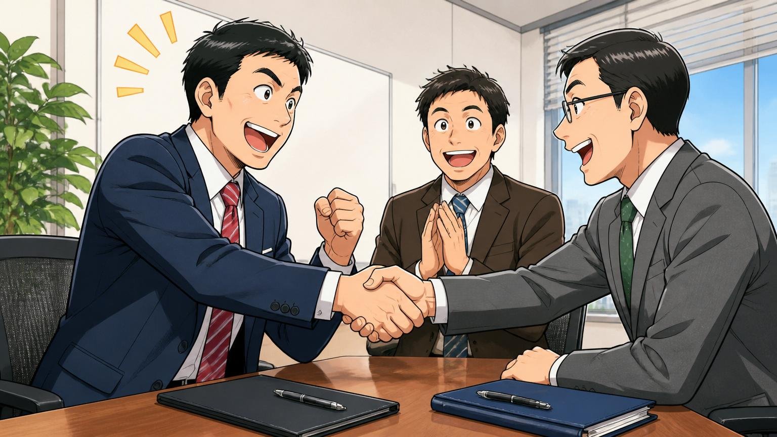 企業の会議室で大手流通顧客との安定した長期契約を交わす40代男性営業1人と顧客側担当者2人が握手