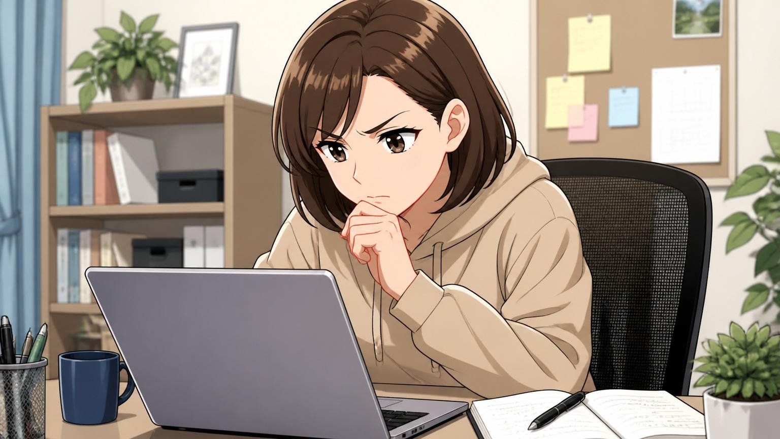 自宅のデスクで在宅勤務中の30代女性エンジニアが評価制度の口コミを真剣な表情で読んでいる