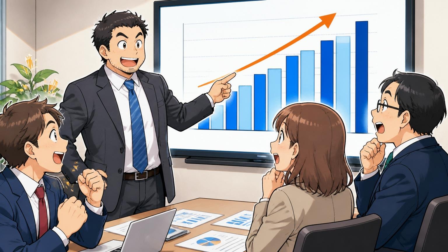 企業の会議室でメンター男性が縦棒グラフを指して四半期業績の推移を説明している