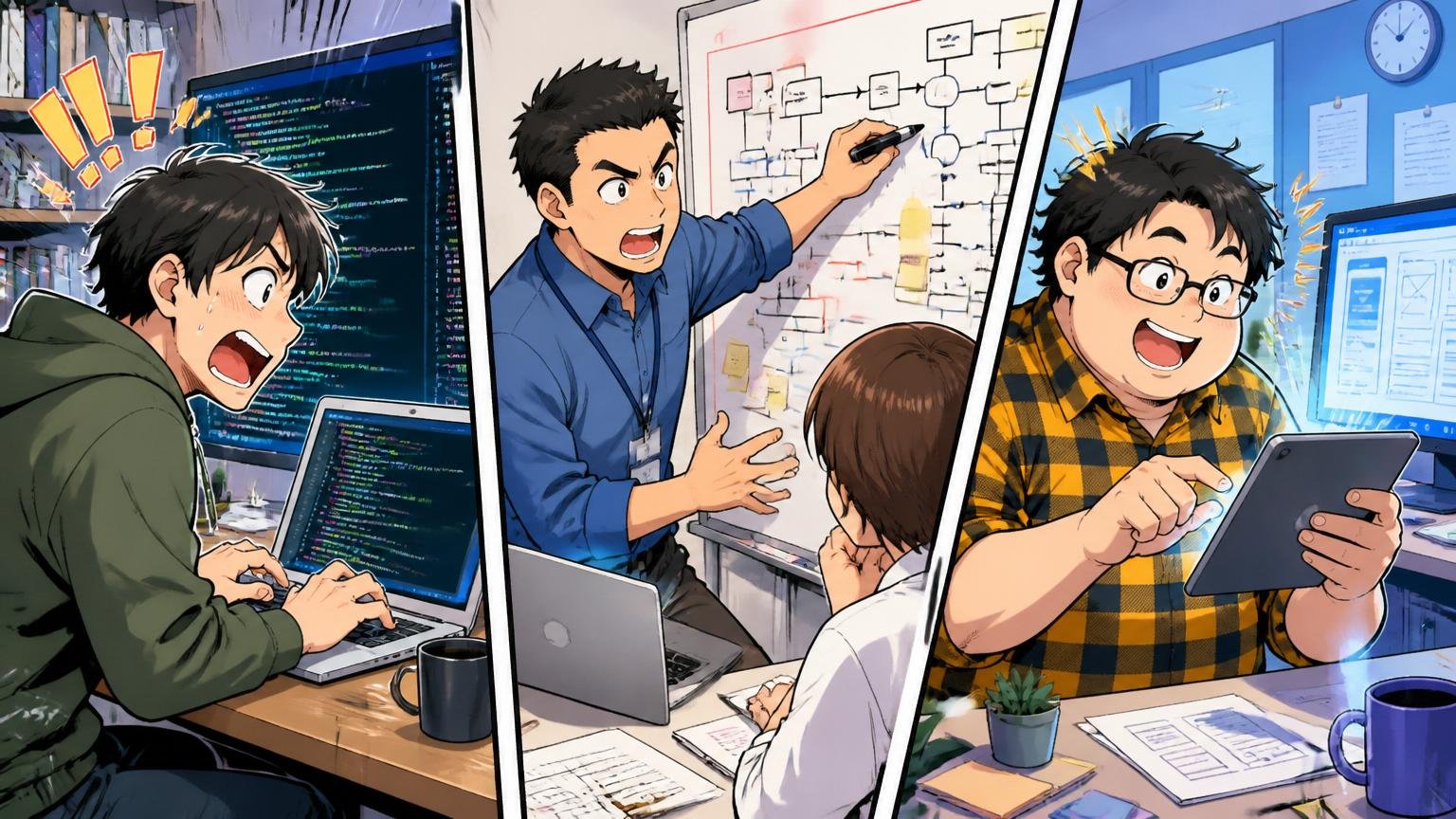 理由③：案件アサイン次第で経験値にバラつきがある。複数のIT現場で異なる案件にアサインされたエンジニアたちが、それぞれ異なる業務内容に取り組む対比的なシーン
