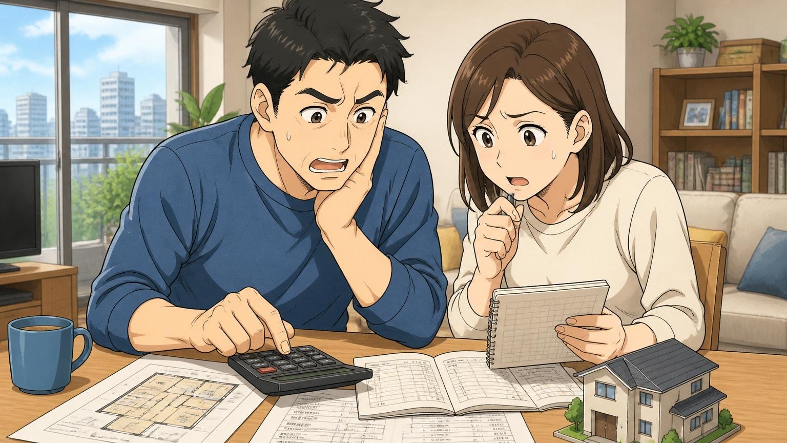 都心のマンションのリビングで電卓と家計簿を前に住宅費を計算する30代の共働き夫婦