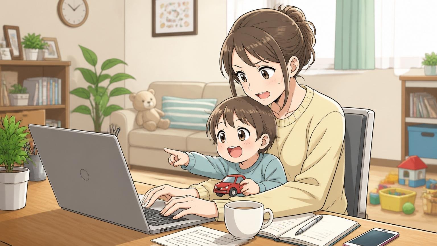 在宅勤務と時短勤務の柔軟性。自宅のリビングで時短勤務中のママエンジニアが子どもを膝に乗せながらPC作業するシーン