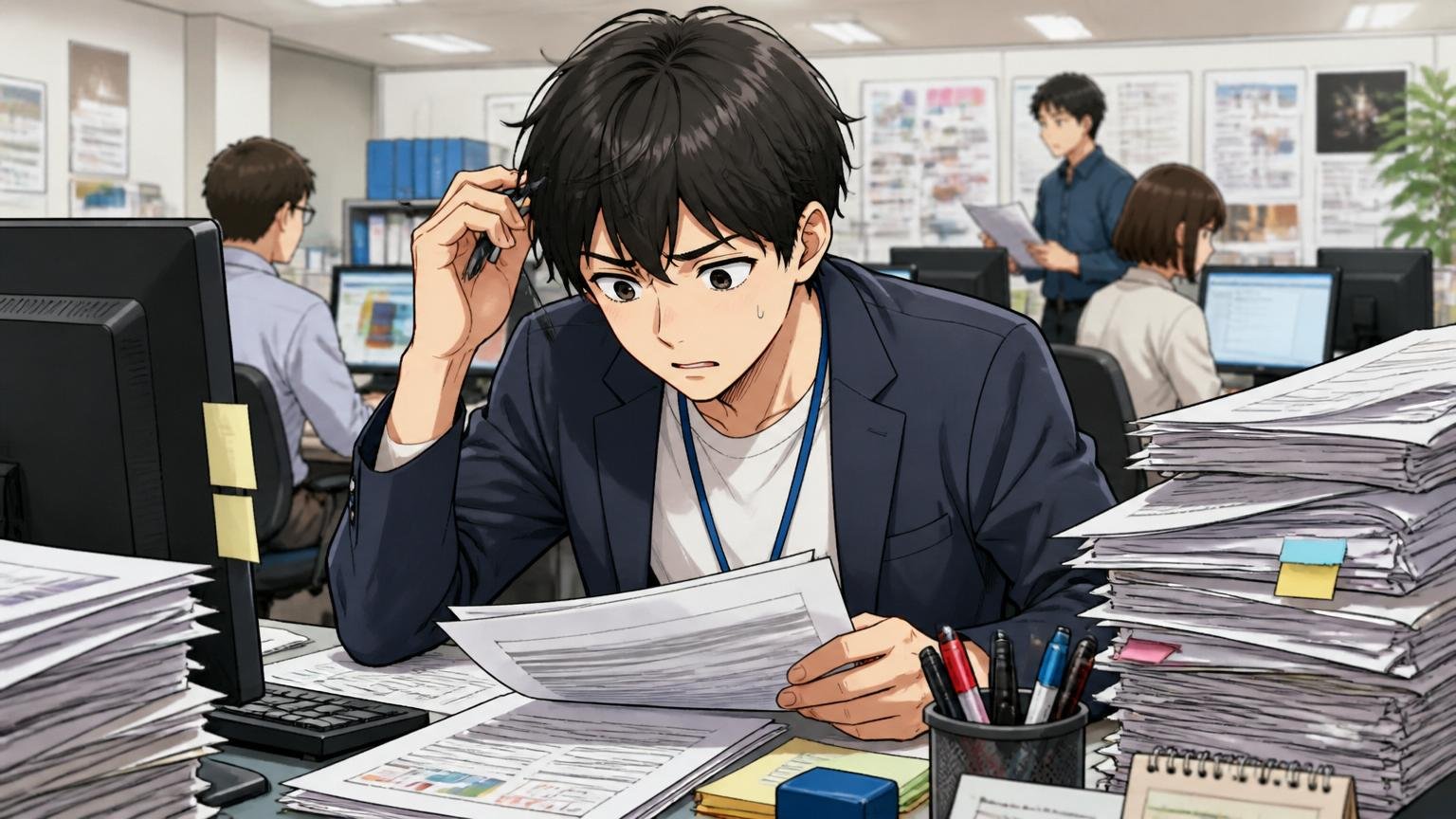Web系広告会社のオフィスで新人デスクに資料が積まれたまま誰にも教わらず一人で作業する20代男性1人
