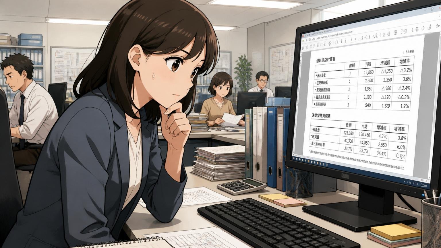 直近の決算で見られた変化|オフィスの執務スペースで決算短信PDFを画面で確認する30代女性経理担当、注意深く見入る表情