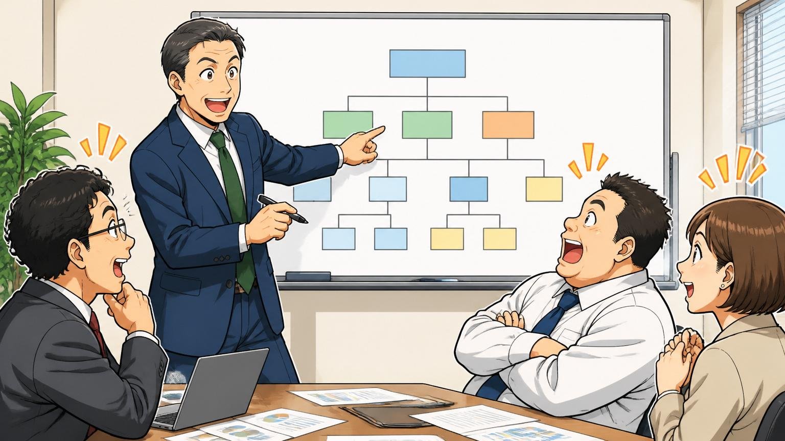 親会社ネオキャリアとの関係性。企業の会議室で40代男性が組織図を指しながら解説する