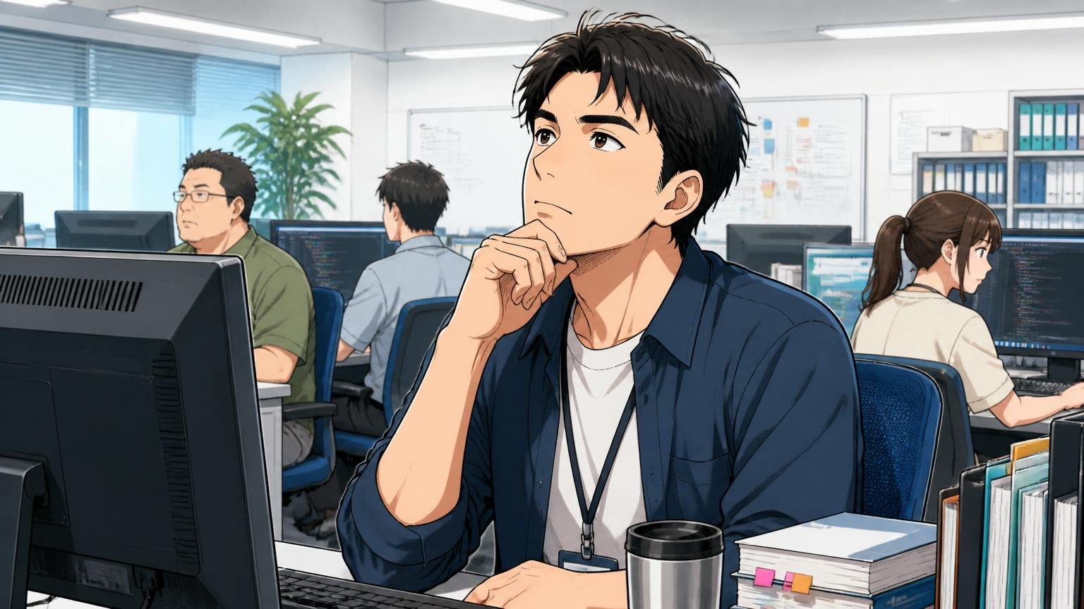 SIerの開発現場でPC画面の前に座る30代男性エンジニア1名が遠くを見つめて将来を考える