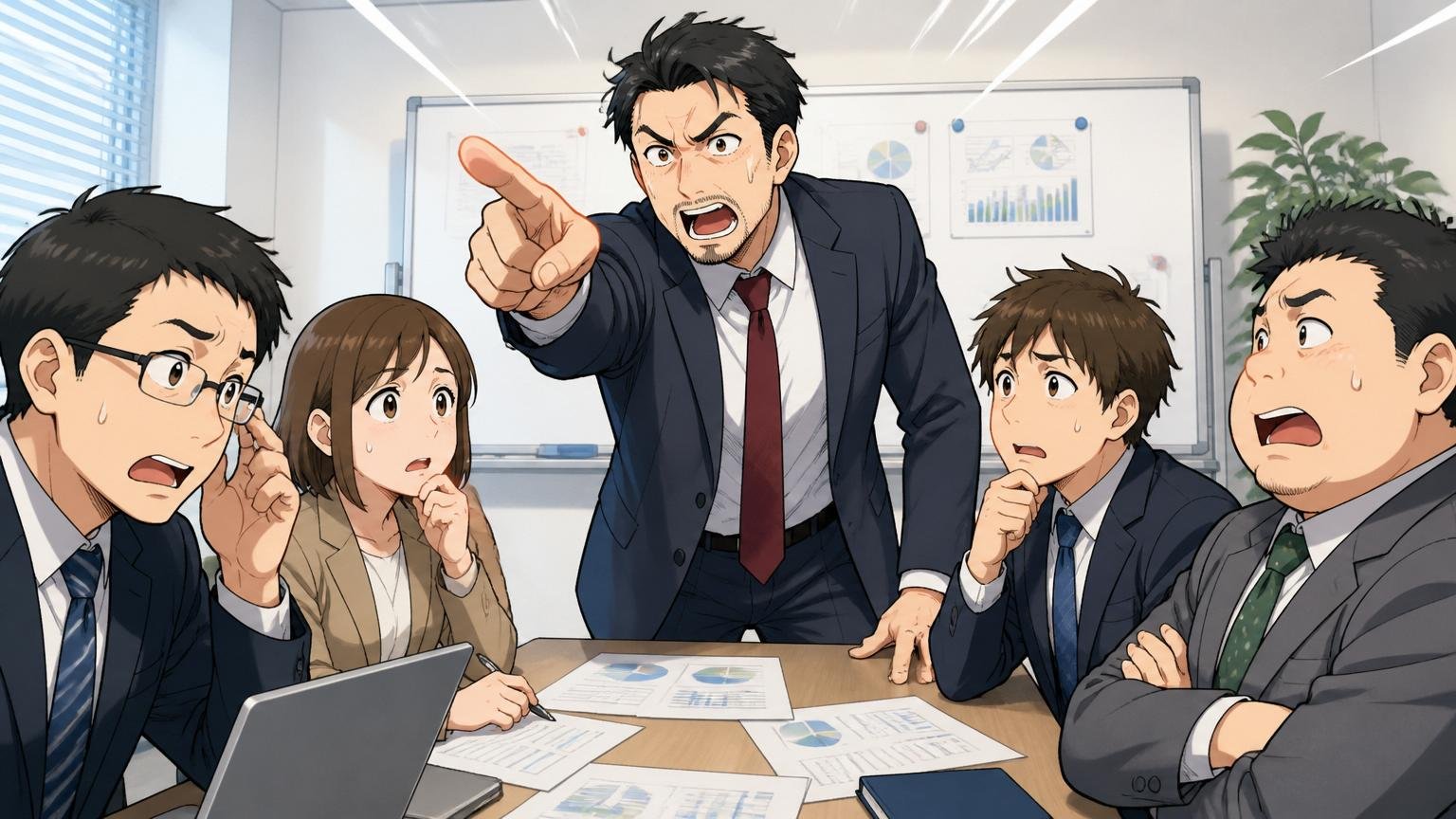 企業の会議室で、上司にあたる男性が部下4人に向かって指示を出している場面、部下たちはやや困惑の表情