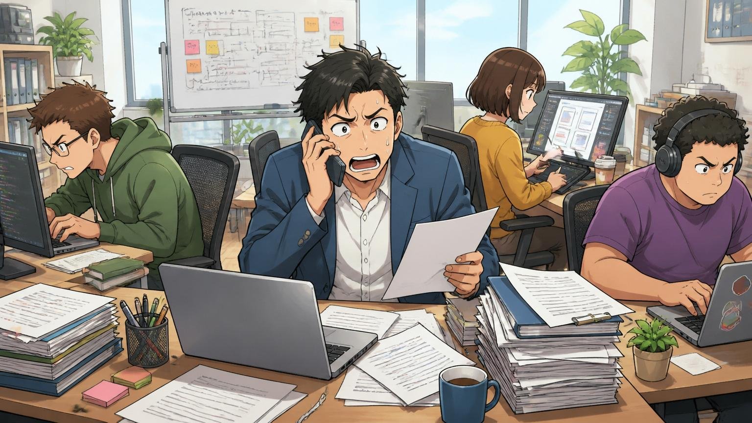 多忙な中間マネージャーがチームメンバーに目を配れない場面、Web系スタートアップのオフィスで4人がそれぞれ別タスクに集中