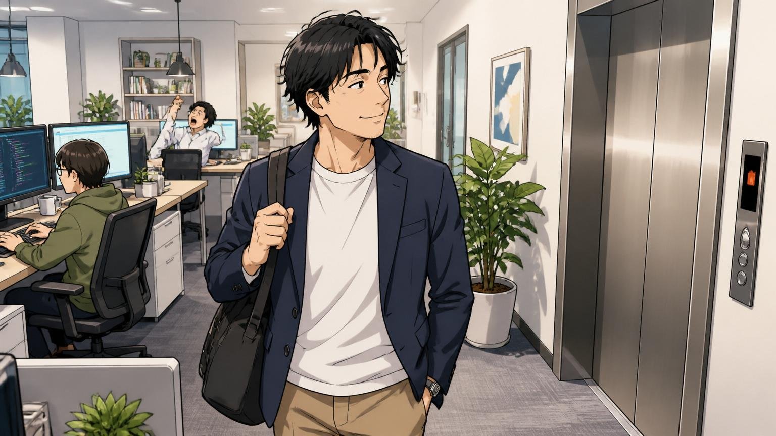 中庸な労働時間データ・Web系企業のオフィスで30代男性1人が定時退社しエレベーターに向かっている