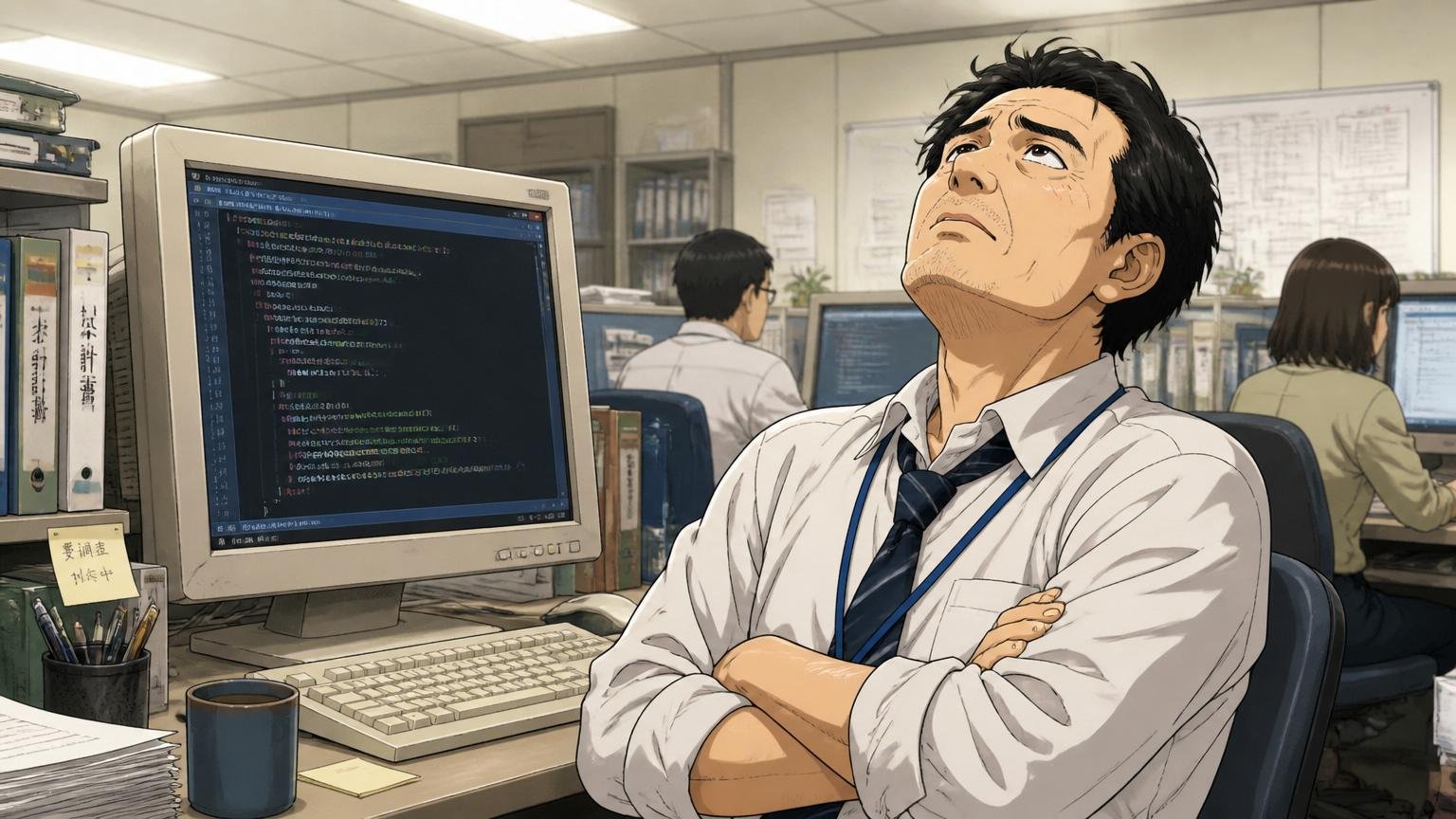 キャリアパスの幅が狭い・保守的な企業文化 SIerの開発現場で古いコードのモニターを前に天井を仰ぐ40代エンジニア