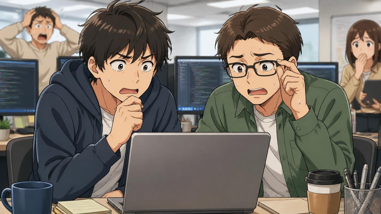 エンジニアでも注意すべき点。SaaS企業の開発現場で2人のエンジニアがリリース直前のPC画面前で緊張した表情