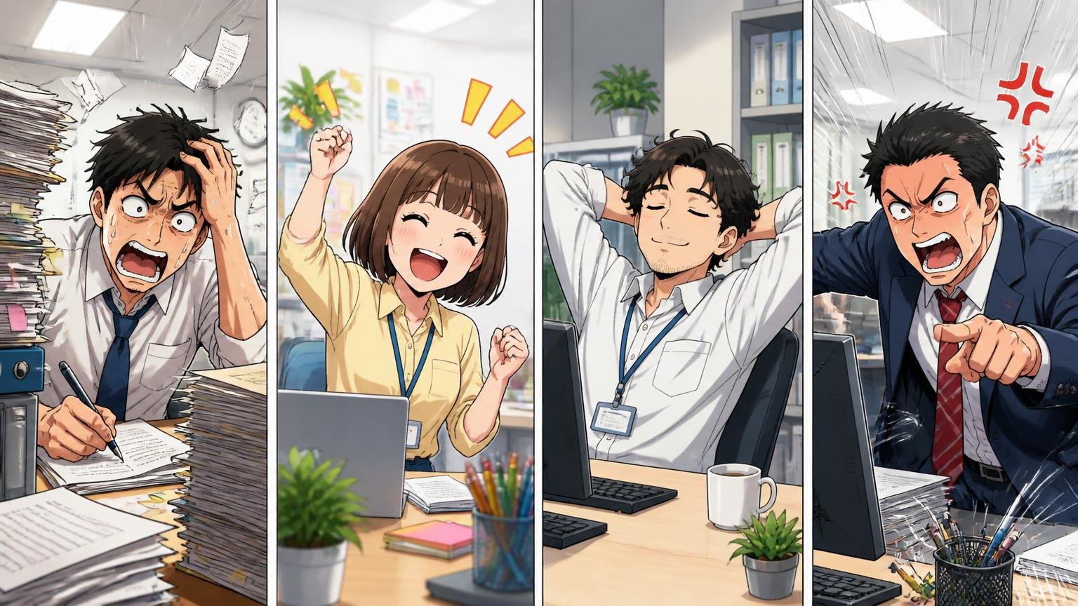 同じ会社の中で部署ごとに正反対の表情をした社員が並ぶ象徴的なオフィス風景、4人、対比的