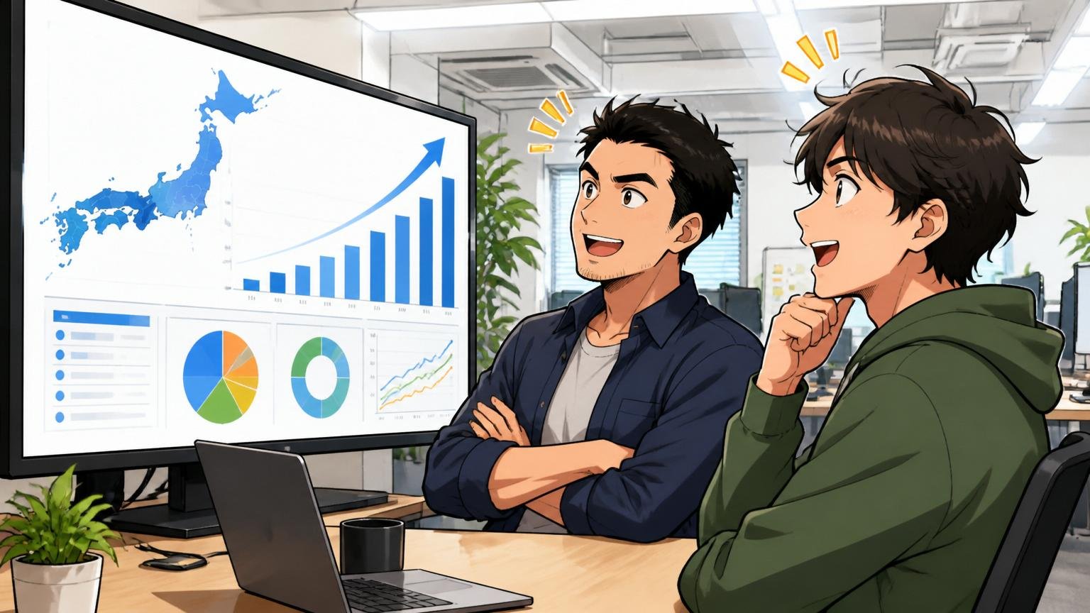 国産セキュリティLANSCOPEの事業基盤が強い。Web系企業のオフィスでエンジニア2人が大画面の導入実績グラフを見て頼もしそうに頷く