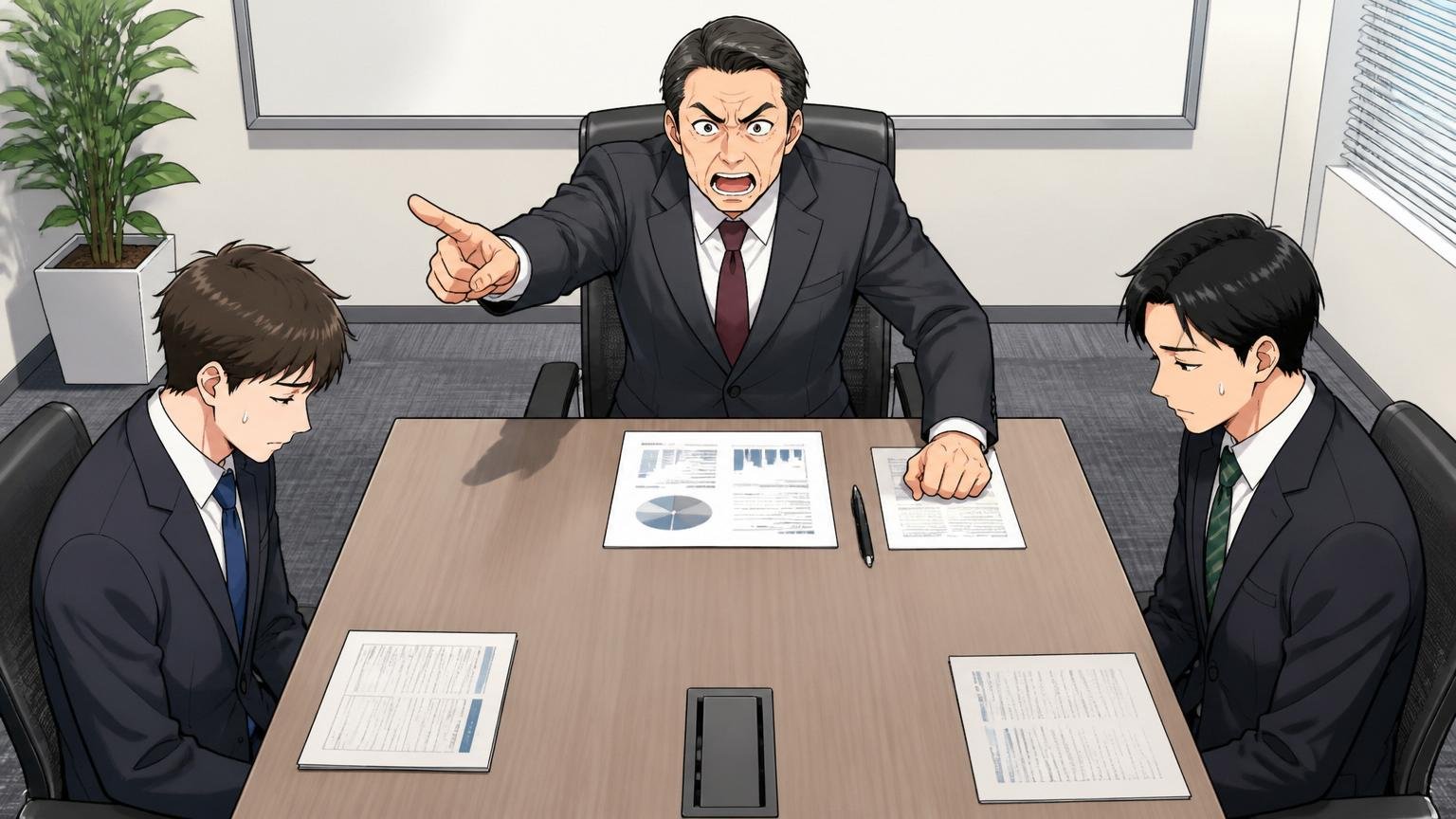 トップダウンの会議で一方的に指示を受ける社員たち。企業の会議室で男性役員1人が話し若手社員2人が静かに聞いている