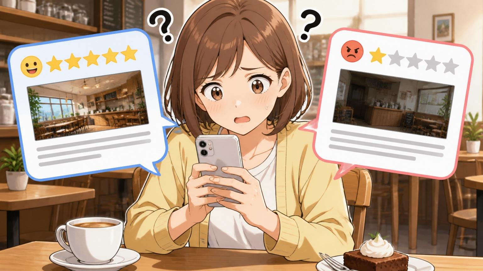 正反対の口コミに混乱する人|カフェでスマホの相反するレビューを見比べて首をかしげる女性1人