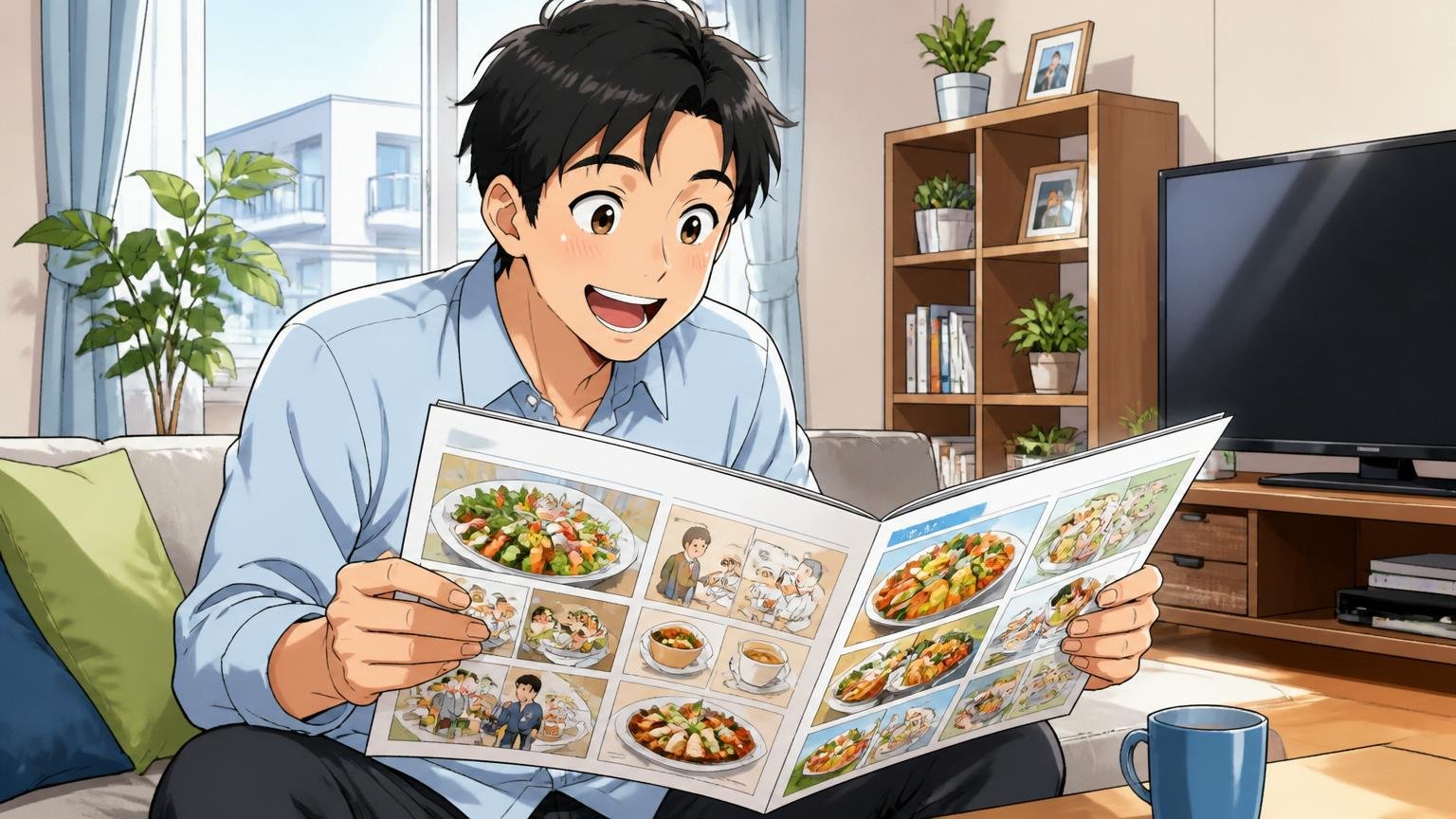自宅マンションのリビングでカフェテリアプランの福利厚生メニューを眺めて笑顔を見せる30代男性社員