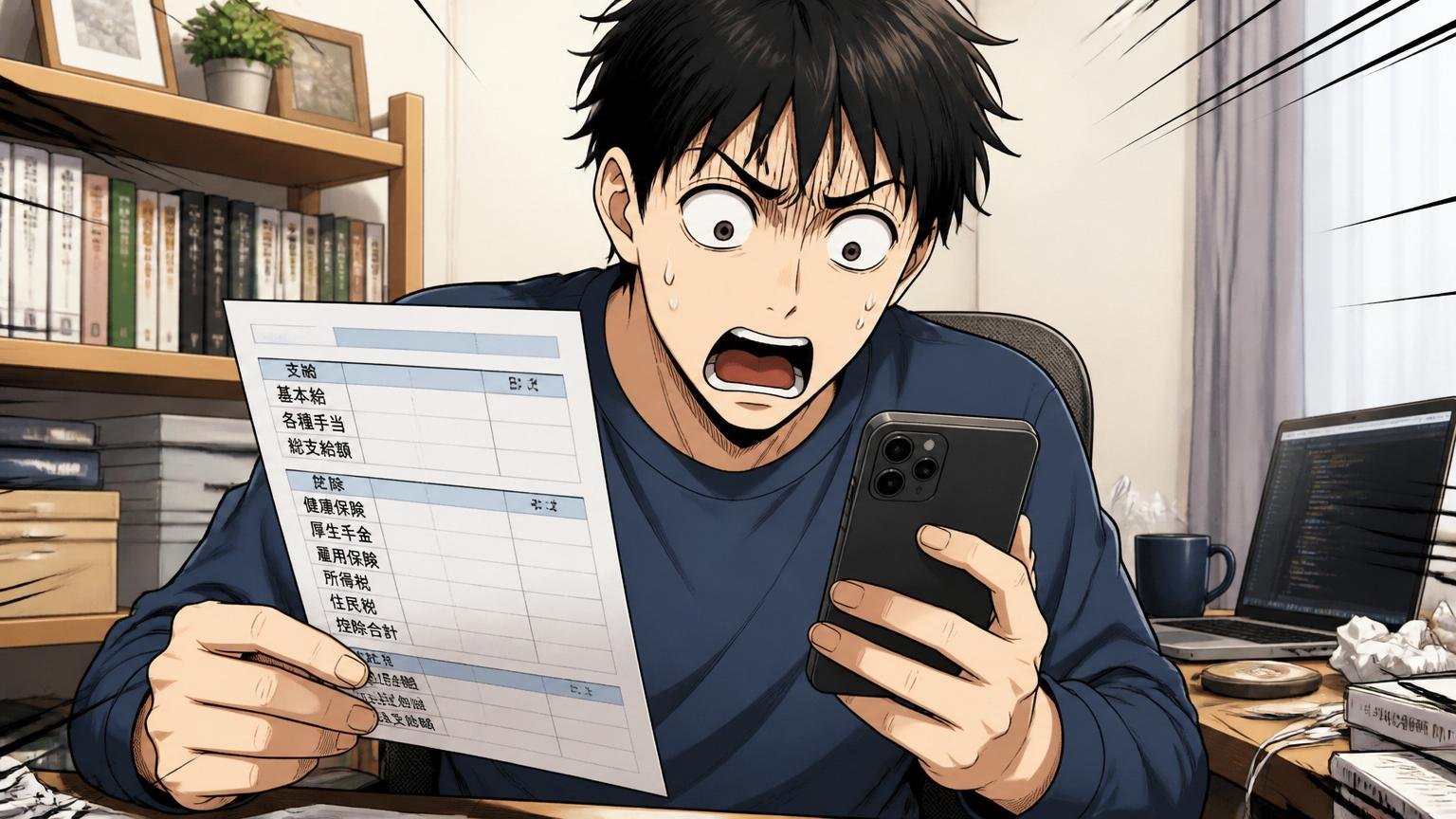 年収はやばいほど低いのか|自宅のデスク|エンジニアの男性1人|給与明細とスマホを見比べて驚く表情