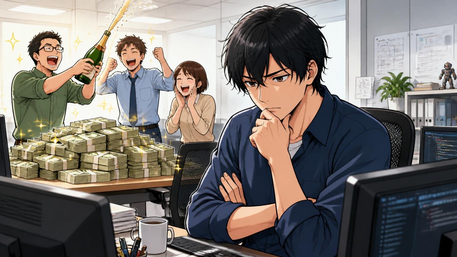 資金が潤沢でも個人が幸せとは限らない/オフィスで腕を組み冷静に考え込む男性エンジニア