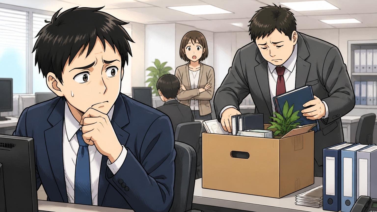オフィスで退職する同僚のデスクを片付けるのを見て不安そうな表情を浮かべる30代社員