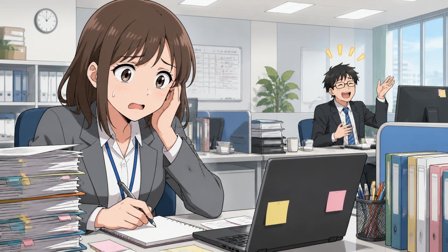 拠点差と入社後ギャップ。企業のオフィスで戸惑う表情の20代女性社員と離れた席の同僚