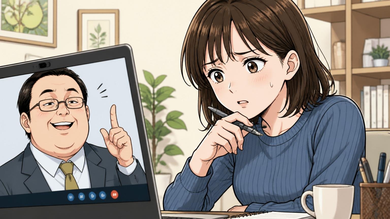 面談で違和感。オンライン面接中の20代女性が画面越しの相手にやや戸惑った表情を見せる