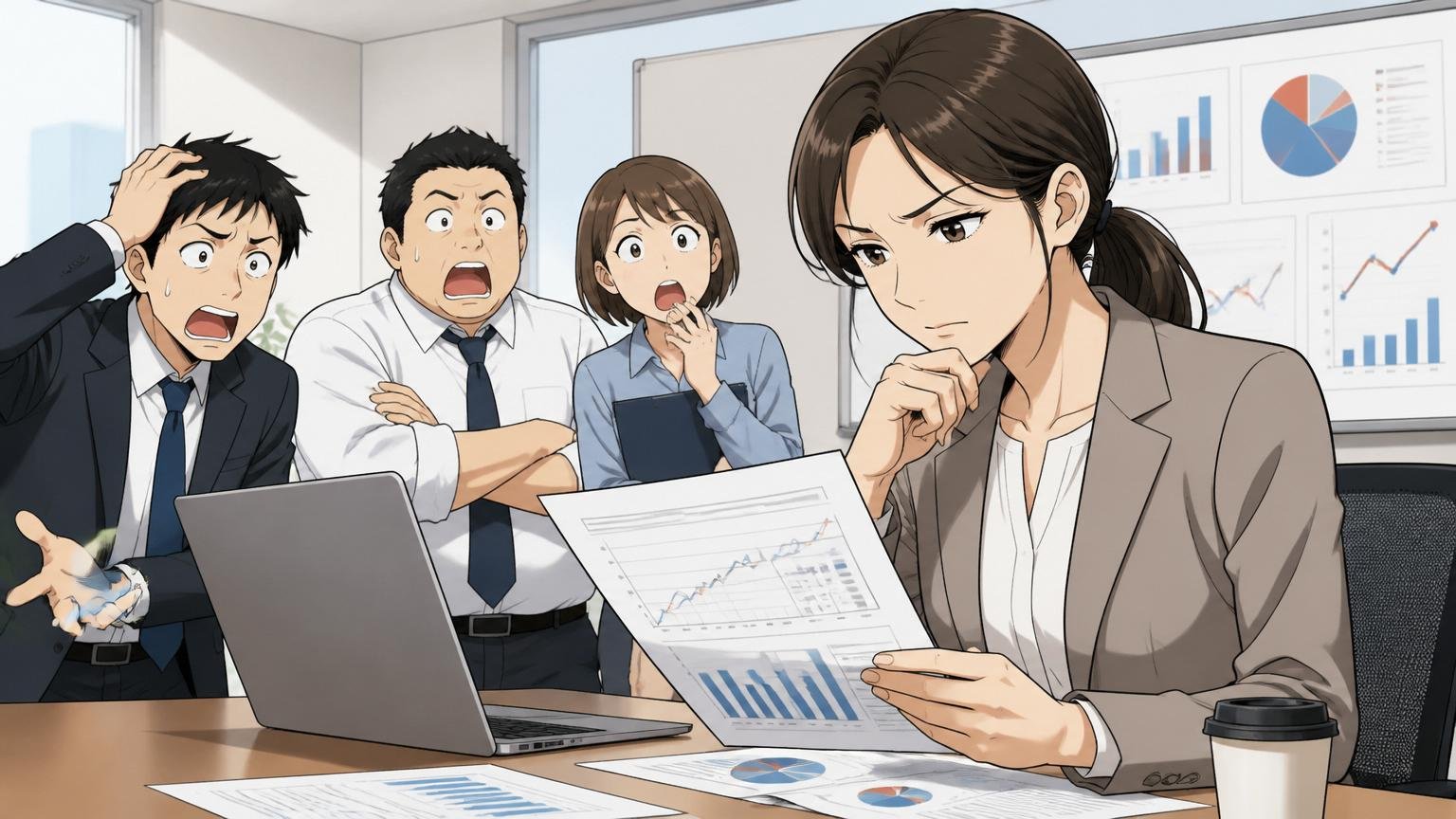 離職率は本当にやばいのか。企業の会議室で30代女性が離職率の資料を冷静に分析する表情