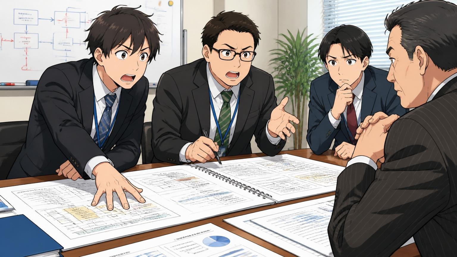 上流工程中心でコードを書く機会が減る。SIerの会議室で要件定義書を広げてお客様役員と打ち合わせをするスーツ姿のエンジニア3名
