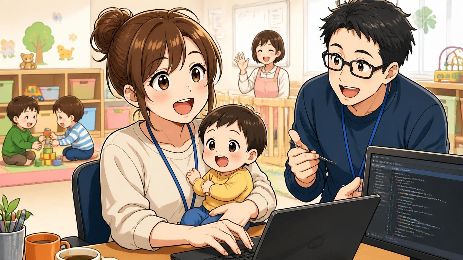 企業の託児ルームで子供を抱きながら笑顔で働く女性エンジニアと支援する同僚, 育児支援の場面