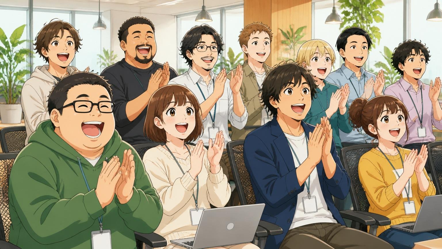 Web系SaaSのオフィスで全社ミッション共有会に集まる多様な10名前後の社員が前向きに拍手している