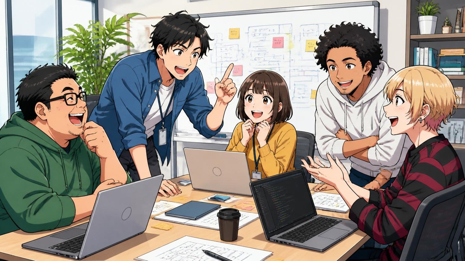 従業員構成と社風。Web系IT企業の会議室で5名のエンジニアが多様性ある雰囲気で談笑する
