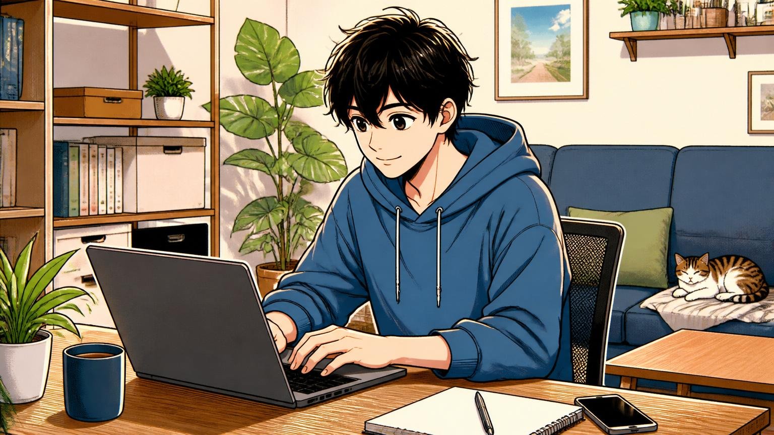 自宅のリビングで在宅勤務するエンジニアがリラックスした表情でPC作業を進めるシーン