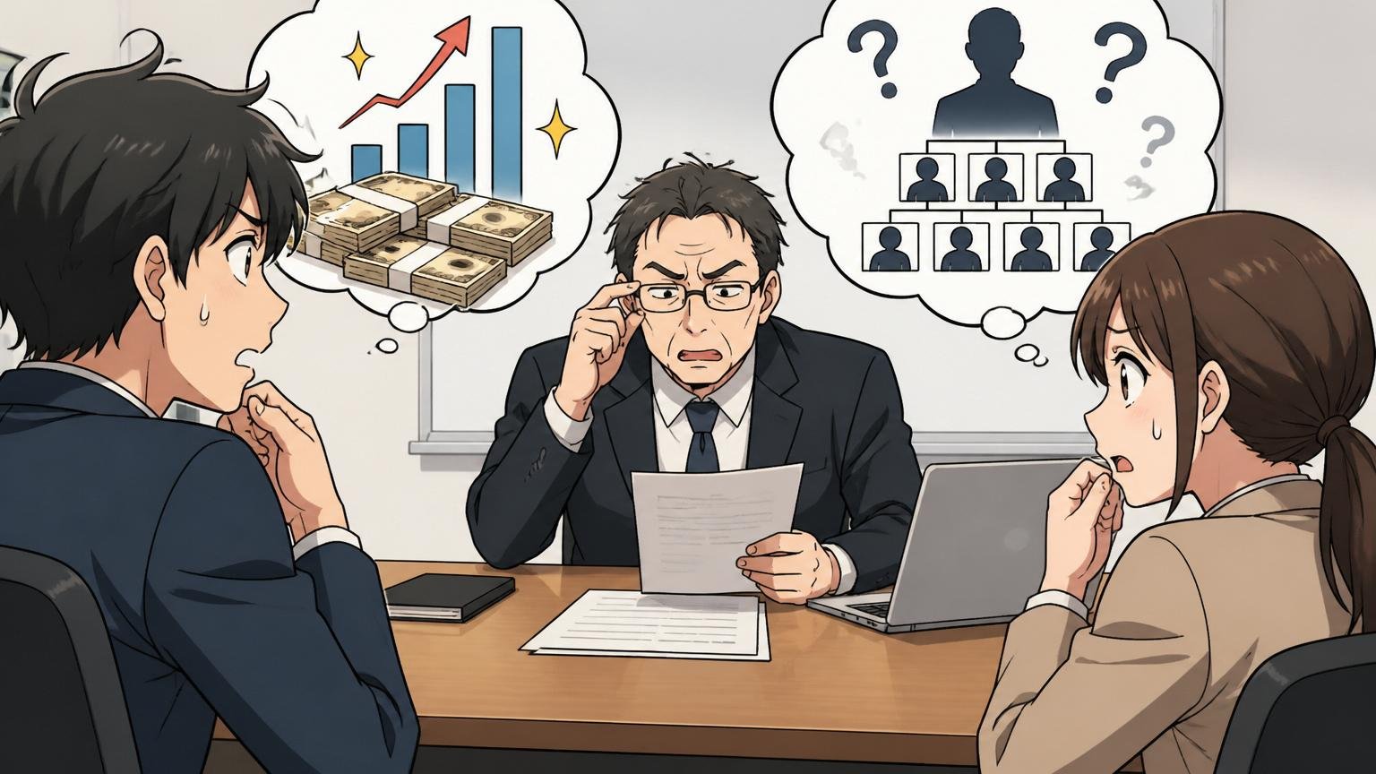 やばい③年収と評価制度は高水準だが不透明感あり、SIerの会議室で評価面談を受ける30代男女エンジニア2人