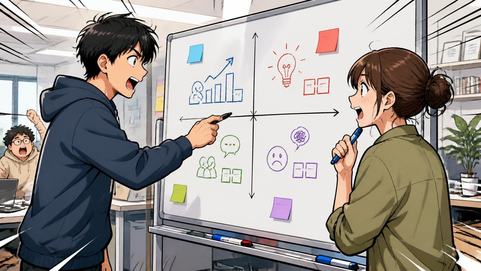 Web系スタートアップのオフィスで4象限のマトリクスをホワイトボードに描き分析する男女エンジニア