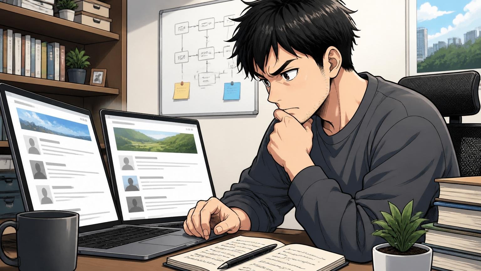 自宅のデスクで匿名のブログ記事を慎重に読み比べる30代エンジニア1人