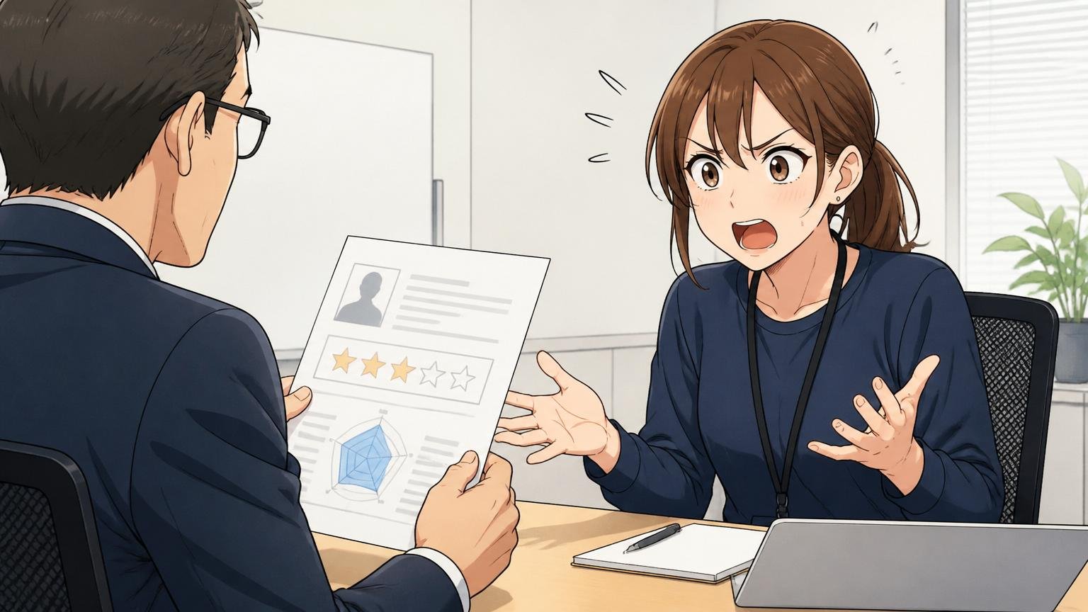 企業の会議室で評価面談を受けている30代女性エンジニアが評価結果に納得いかない表情を見せている様子