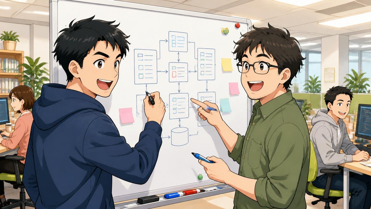 Web系自社開発企業のフラットなオフィスでホワイトボードに設計を描く中堅エンジニア2人・笑顔