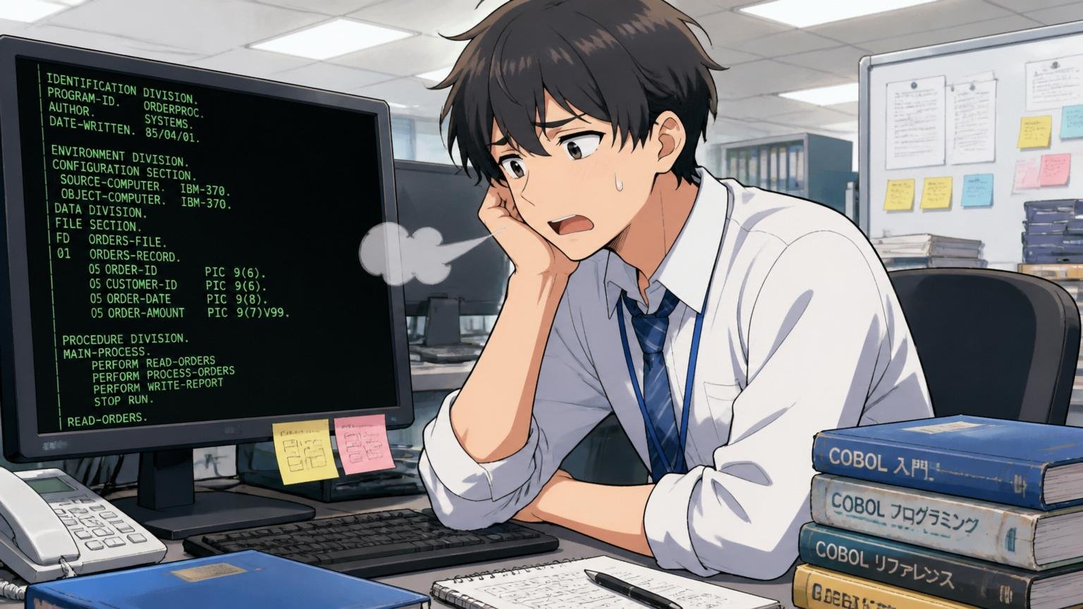 SIerの開発現場で古いCOBOLのコードを表示したディスプレイを前にため息をつく若手エンジニア1人