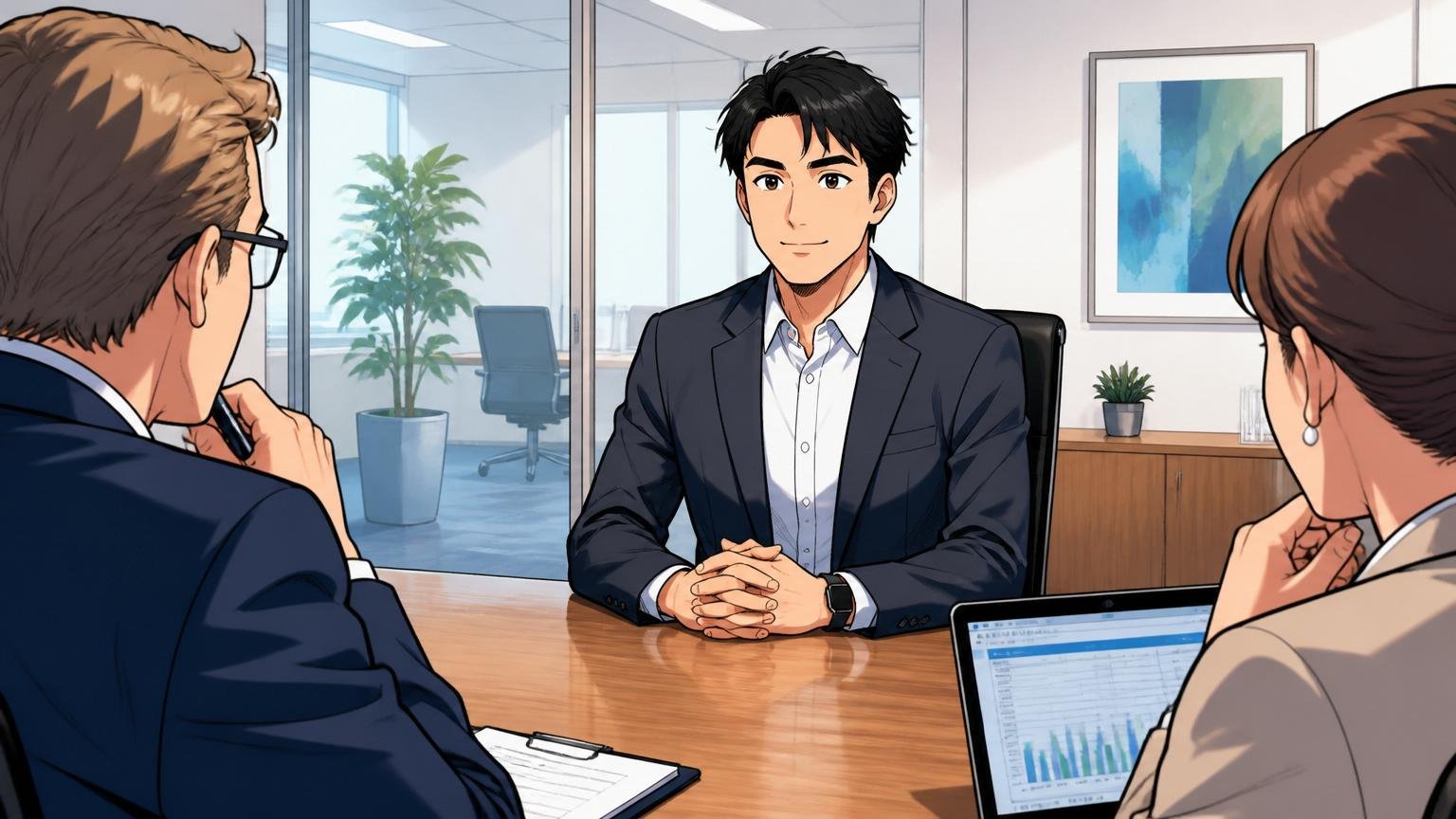外資系企業のミーティングルームで人事面談を受ける30代のITスペシャリスト1人