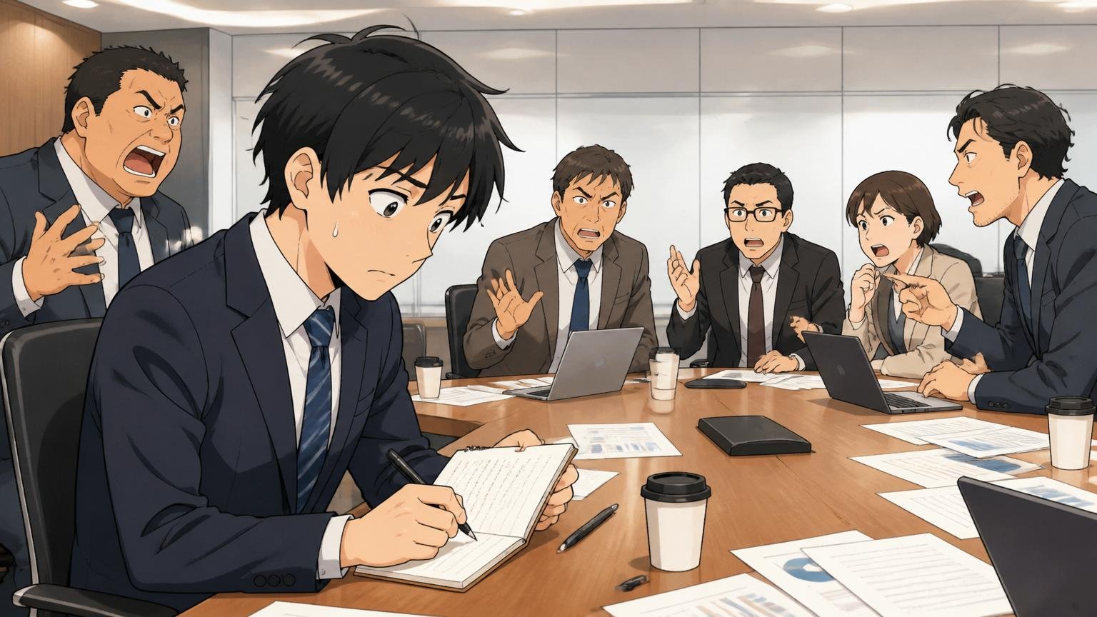 大企業カルチャーへの適性が見えない、企業の大きな会議室で複数の関係者が並ぶ会議で議事録をとる若手社員