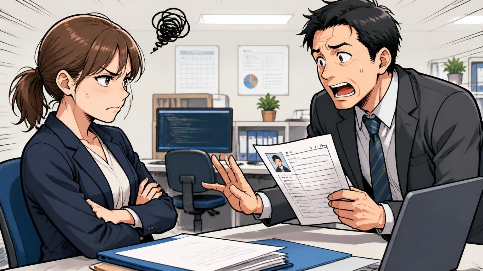原因④経験者でも「条件面とスキル不足」で落ちた。SIerの開発現場で経歴書類を見ながら30代女性エンジニアと採用担当が条件交渉が決裂した雰囲気の場面