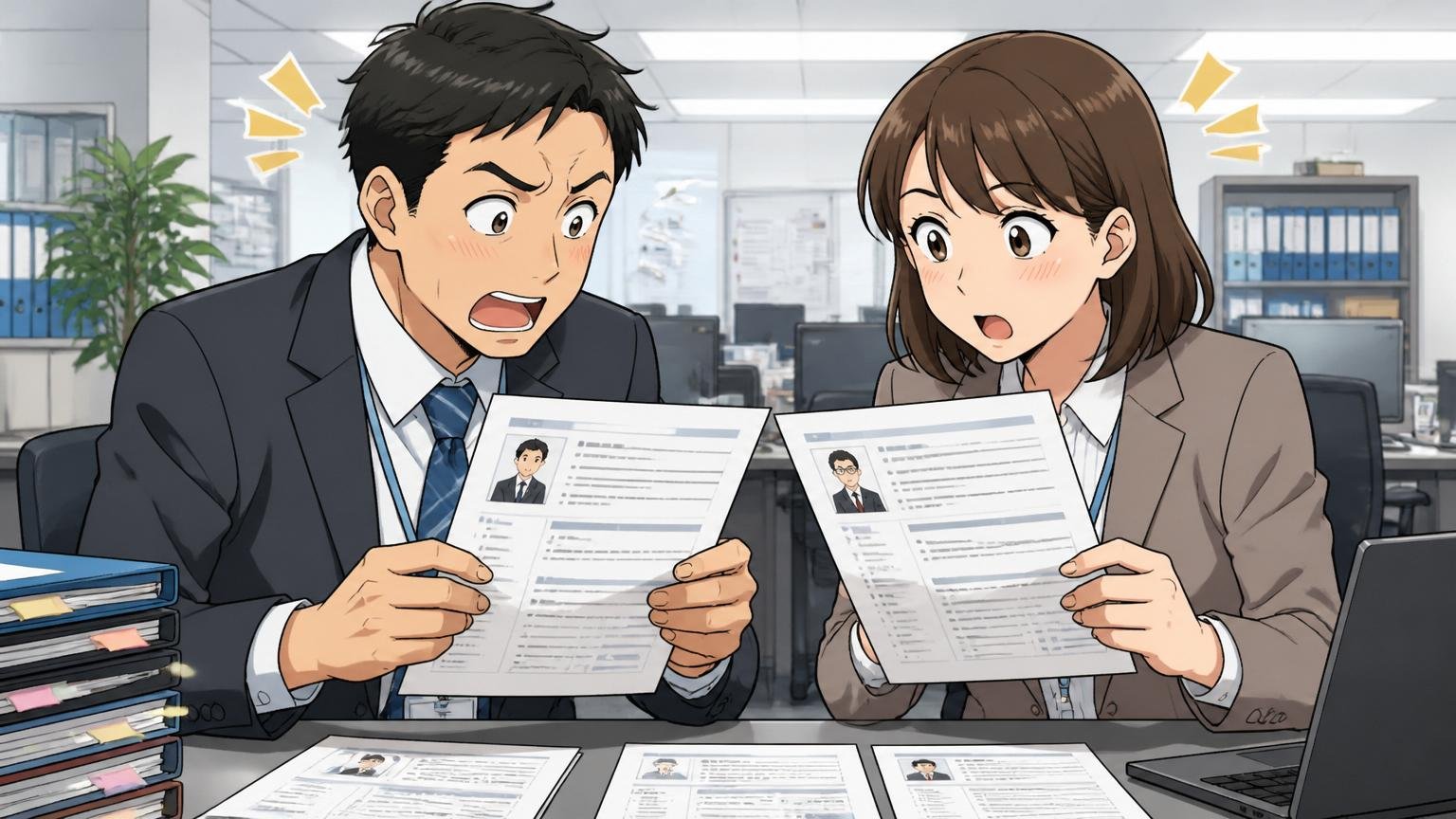 原因④採用枠とタイミングの都合。SIerのオフィスで採用担当者2人が候補者書類を見比べる、相対評価の場面
