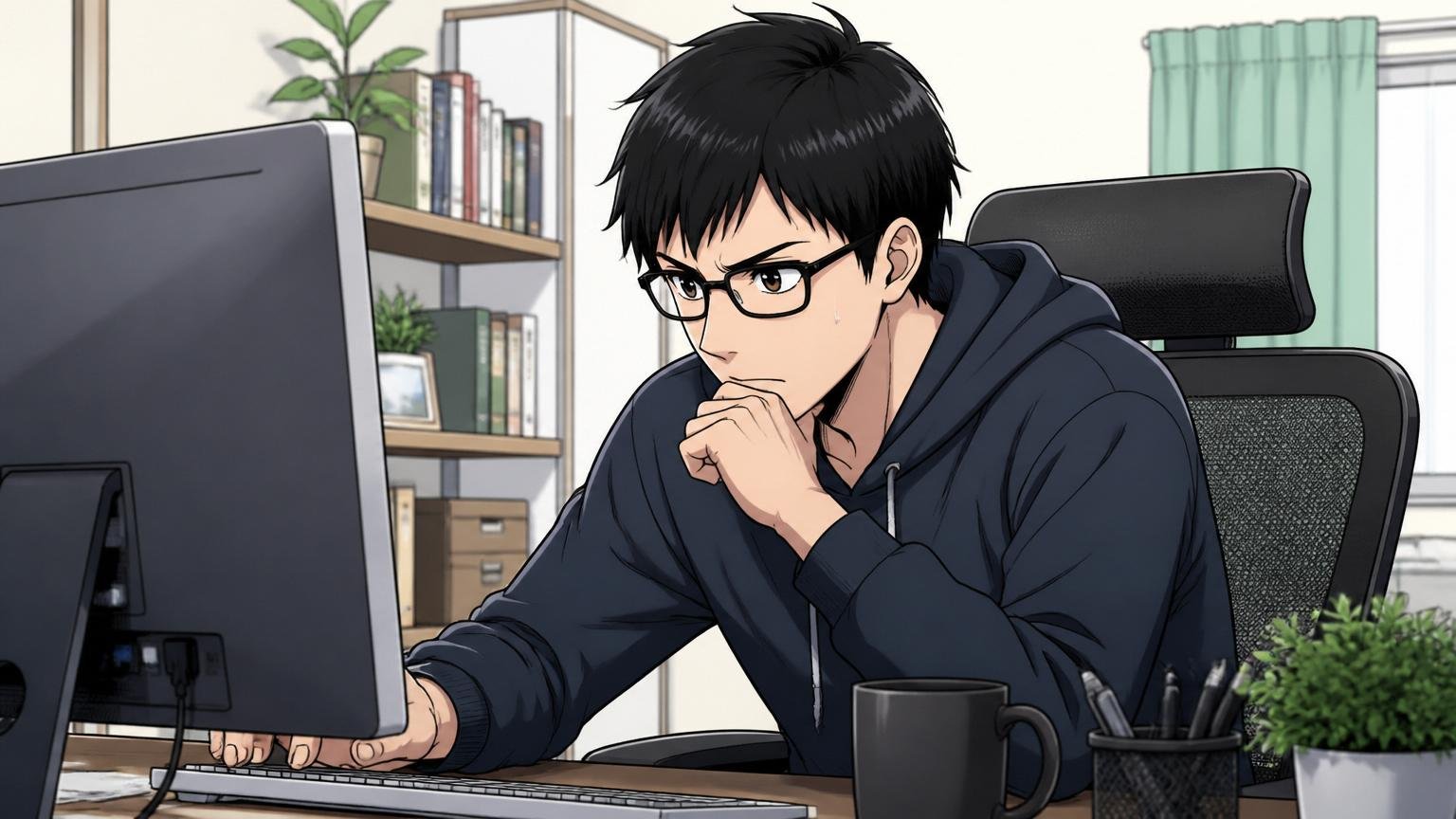 自宅のデスクでパソコン画面に向き合いウェブテストを受ける20代後半男性エンジニア、集中した表情
