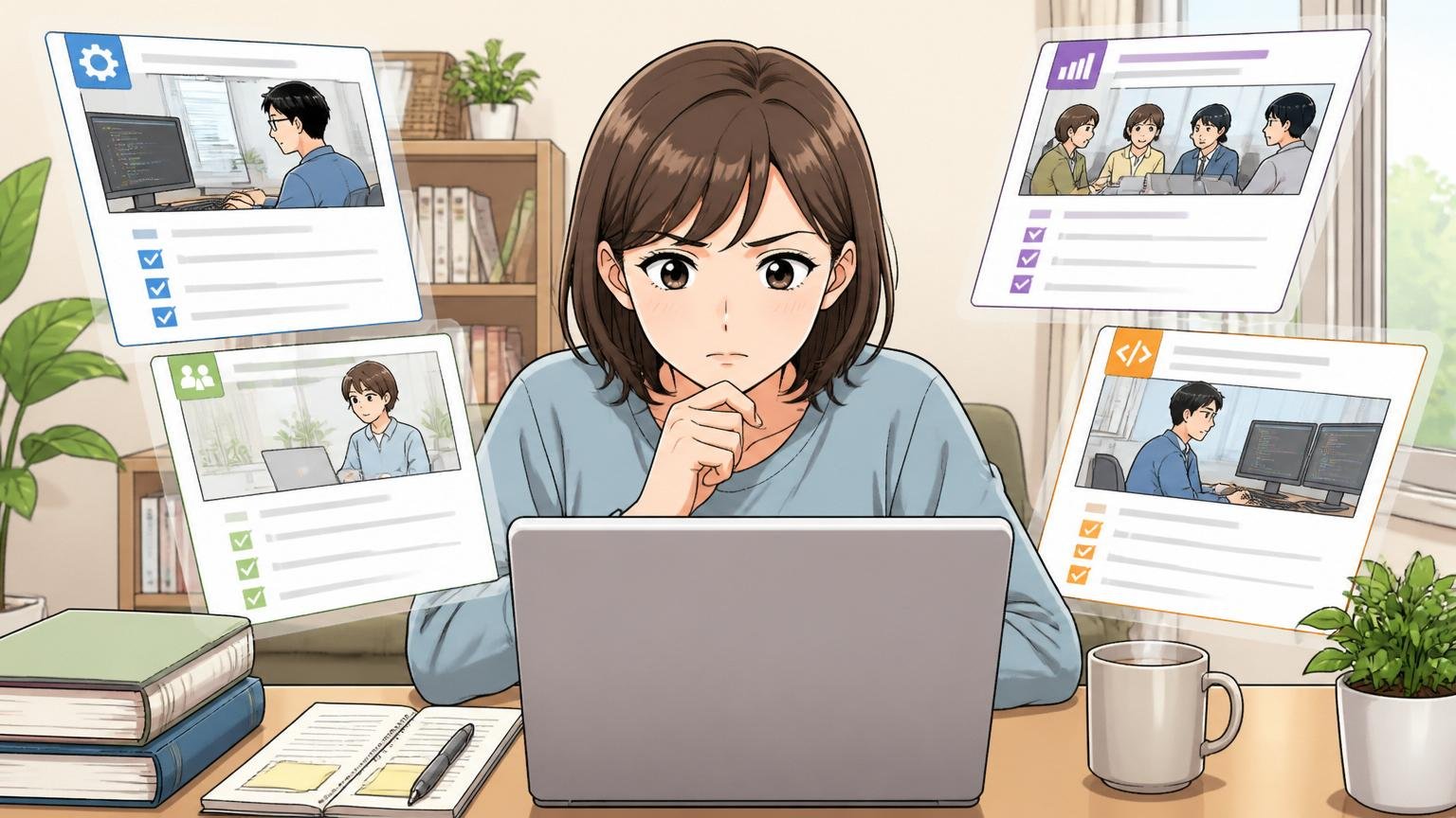 問い④パーソルグループ内の他社・他職種は検討したか 自宅のデスクで複数の求人情報を比較検討するエンジニア 30代女性1人 集中した表情