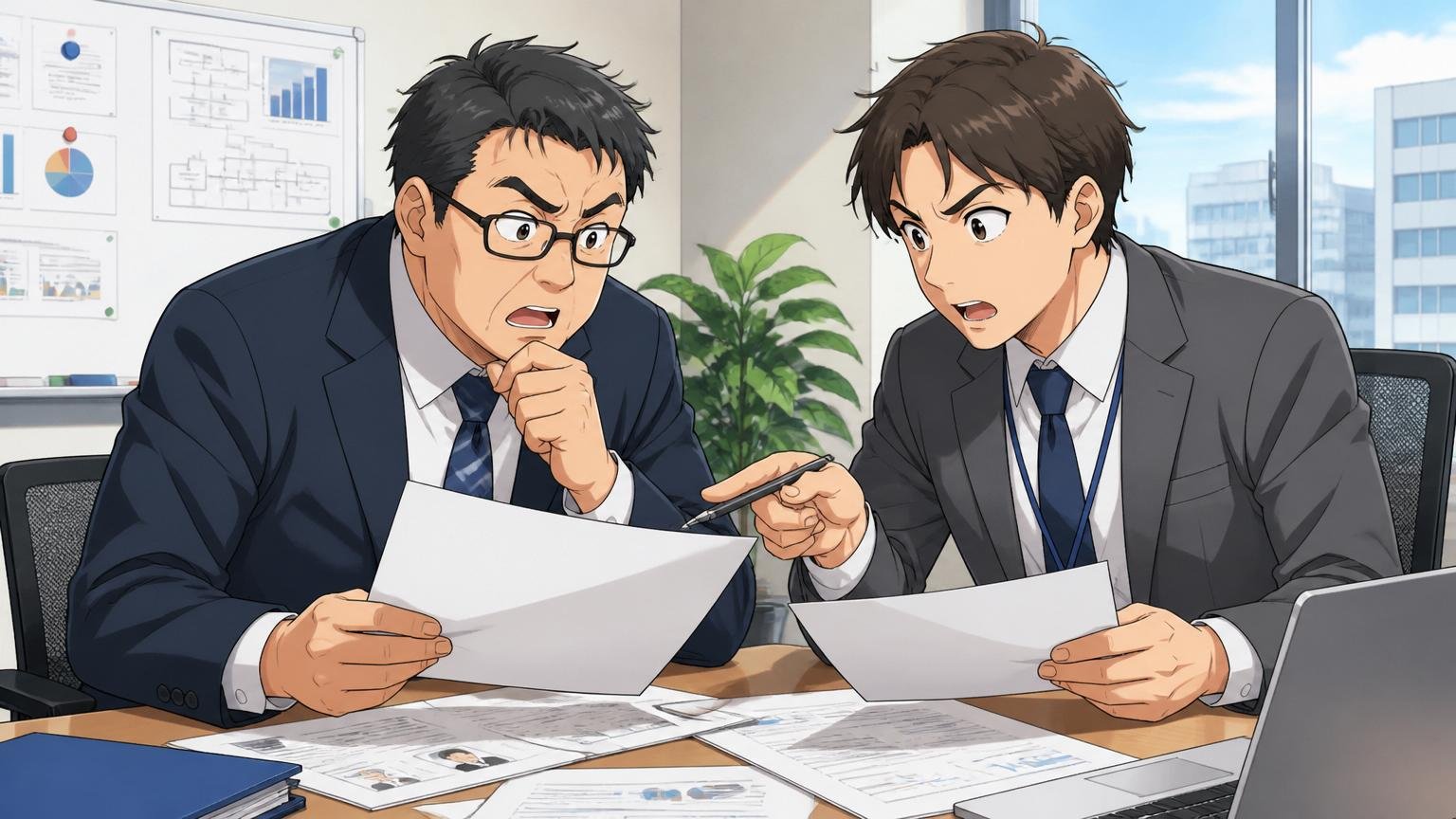 SIerの会議室で面接後に資料を確認しながら採用判定を話し合う採用担当者2人