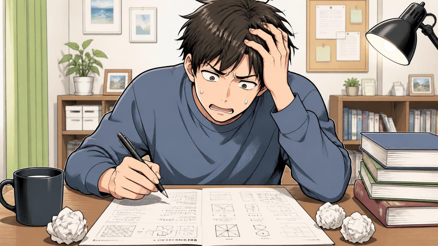 自宅のデスクで適性検査の問題用紙を前に頭を悩ます20代後半応募者の場面