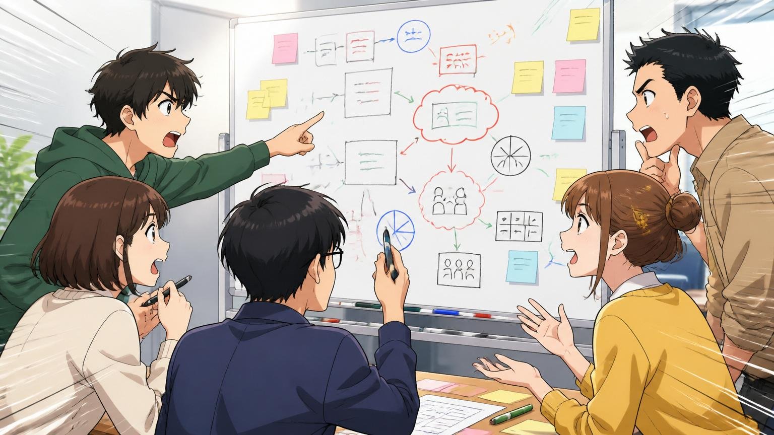 原因④：コミュニケーション／チームワーク要件への適合性、IT企業のグループワーク会場で、就活生5人がホワイトボードを囲み議論する