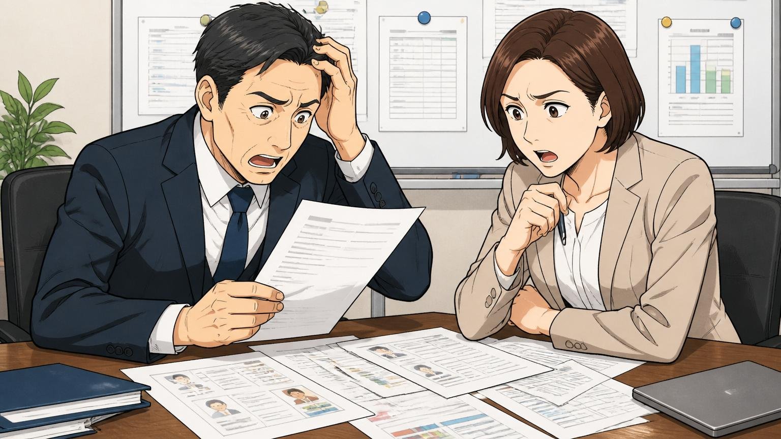 応募タイミング職種ミスマッチで自分の力ではどうにもならない／企業の会議室で面接／40代の人事担当2名／募集要件を見直す場面